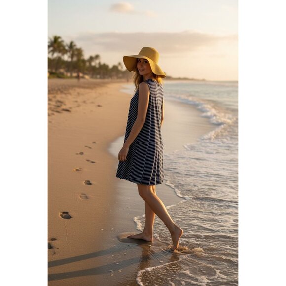 See You Monday Navy Blue & White Striped Sleeveless Trapeze Swing Dress - Picture 9 of 11